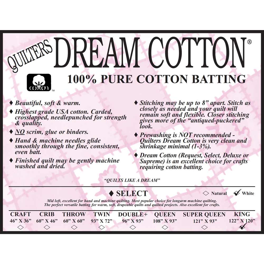 Quilters Dream 100% Cotton Batting - King Size Quilt Batting for DIY (Thin,  122 Inches x 120 Inches)